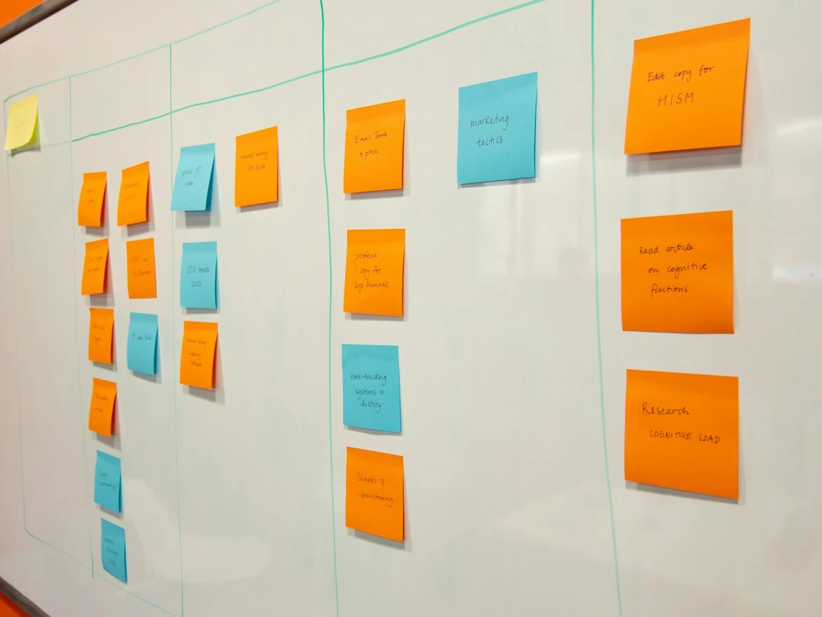 Planning board with notes arranged in columns