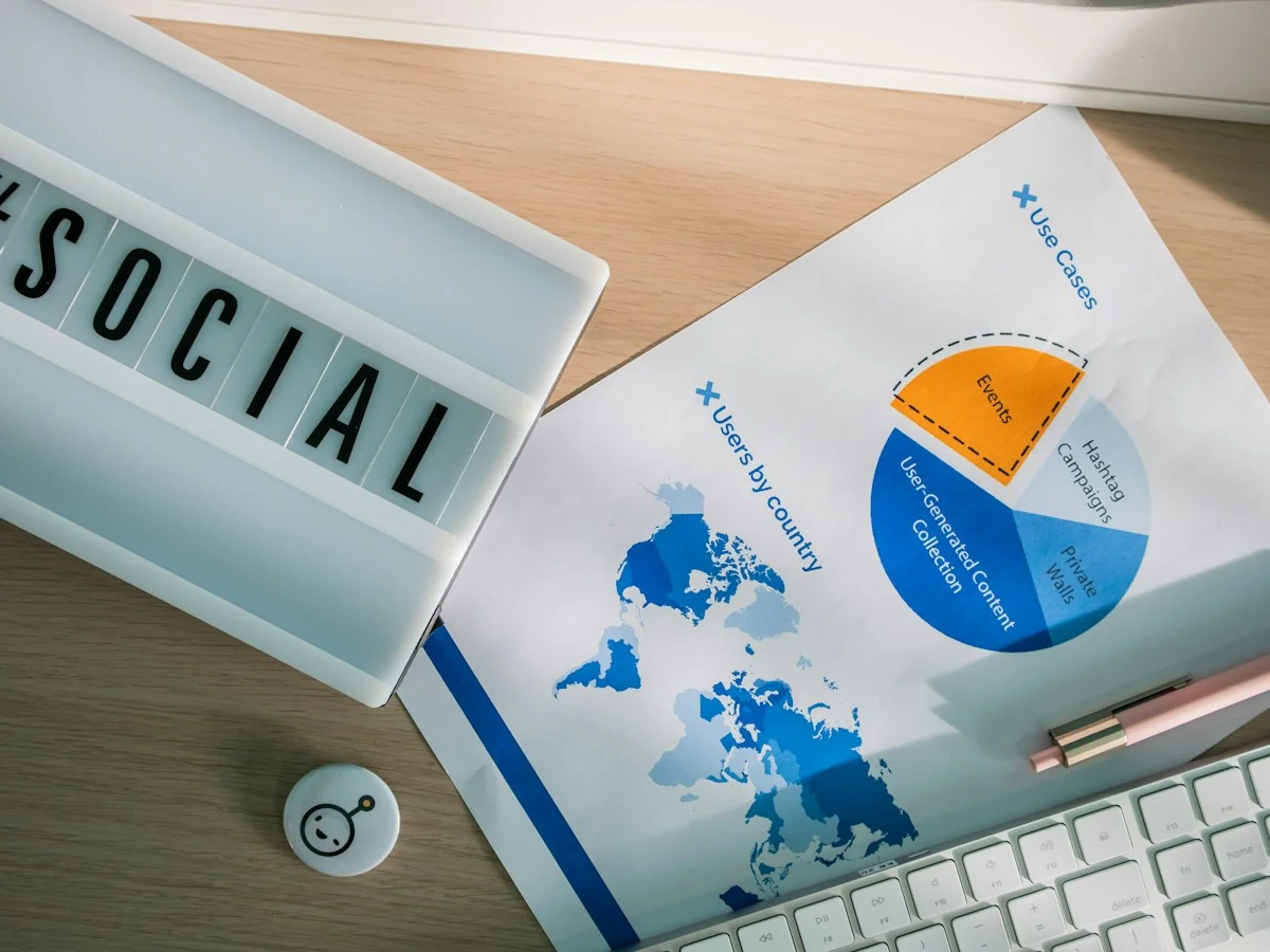 Marketing notes and charts beside a keyboard