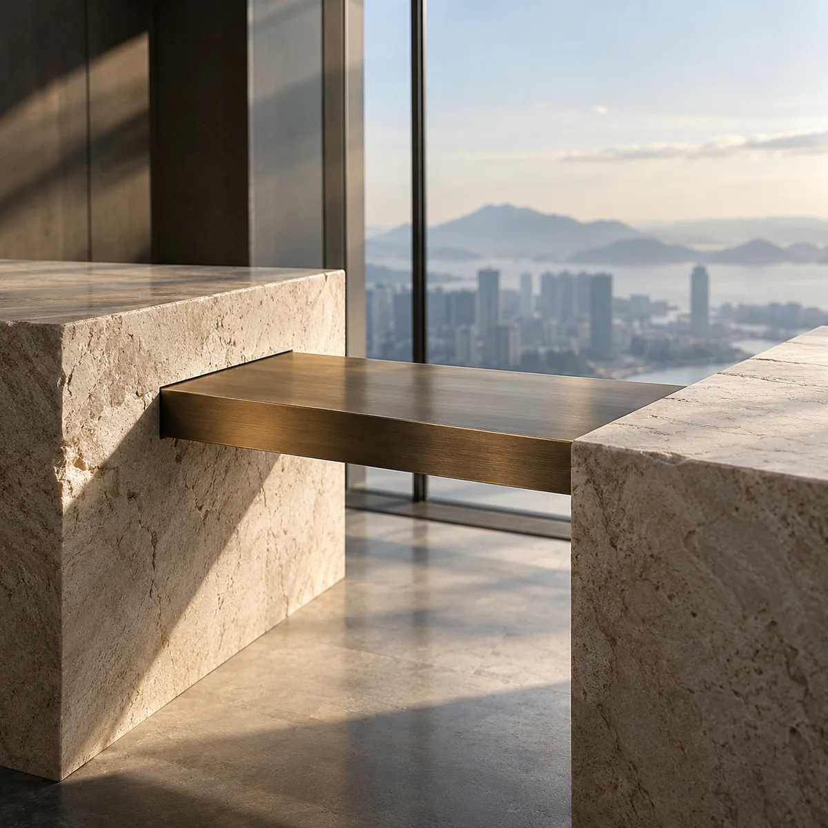 Bronze connector joining two precisely cut stone platforms
