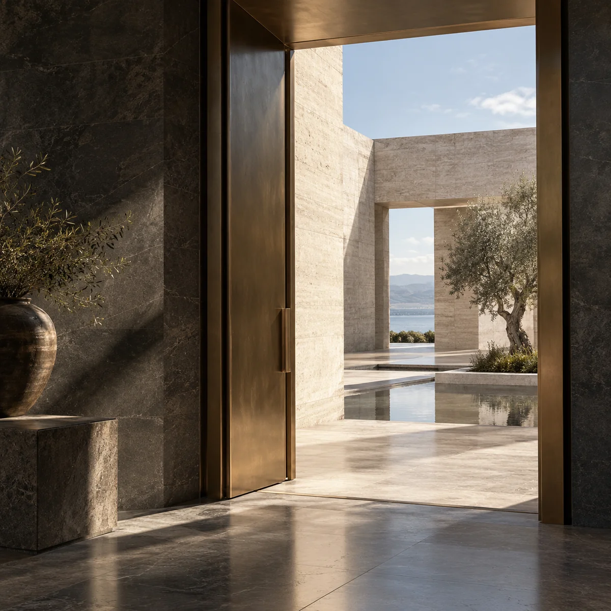 Bronze-framed doorway opening into a sunlit limestone courtyard