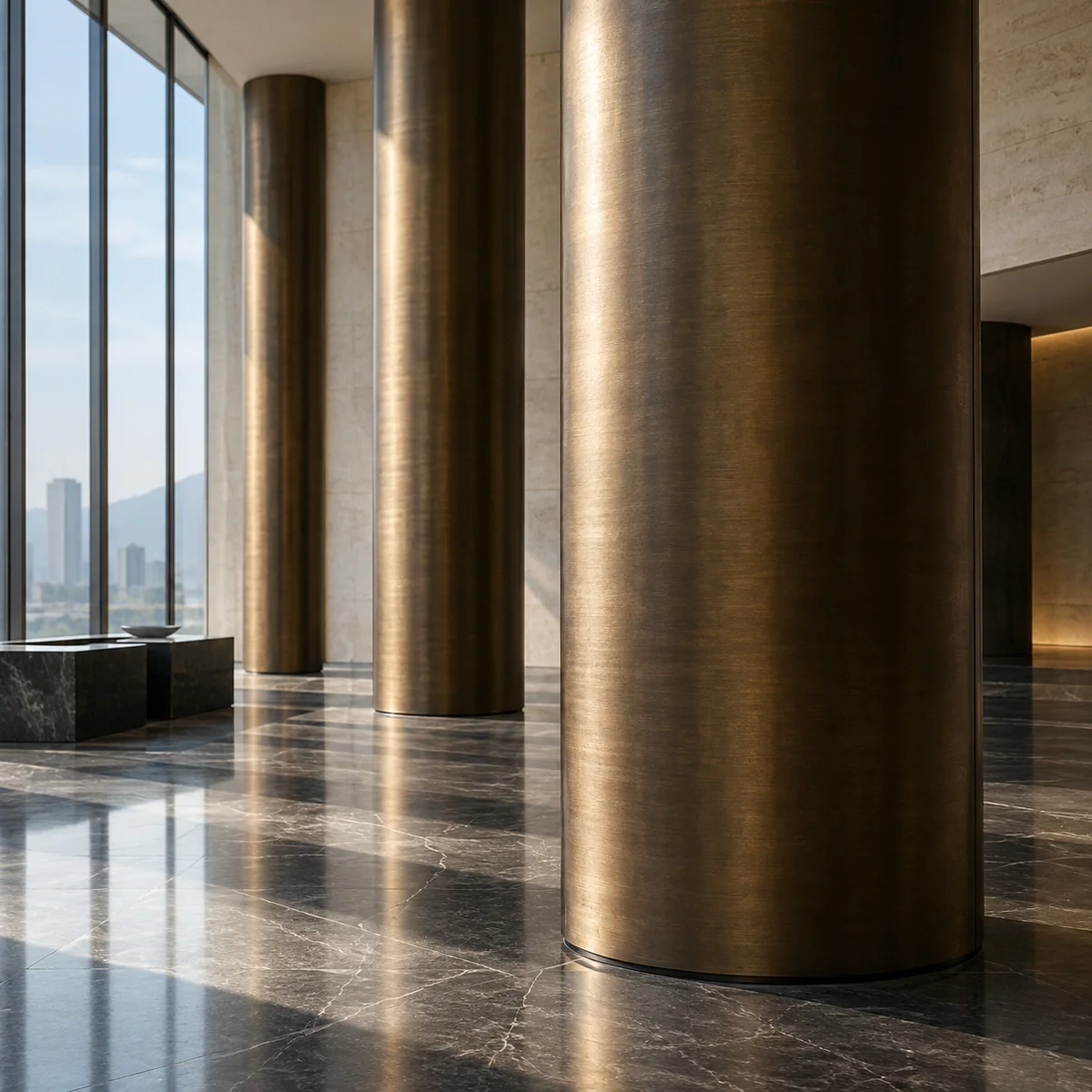 Aligned bronze columns across a dark stone architectural interior