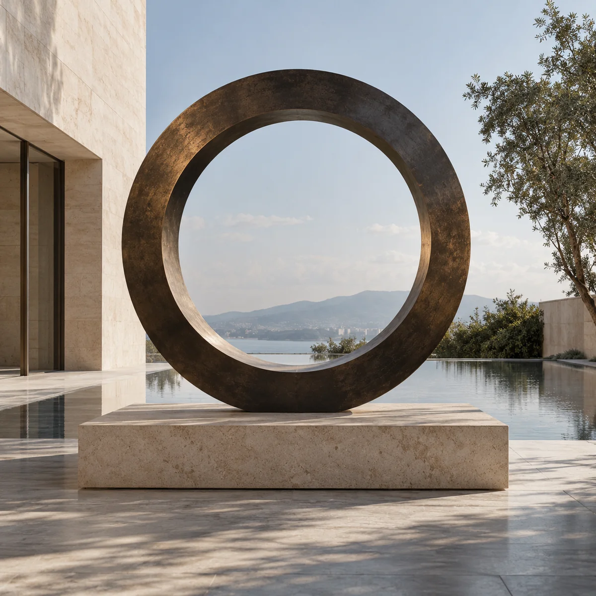 Bronze ring sculpture on limestone in a tranquil architectural courtyard