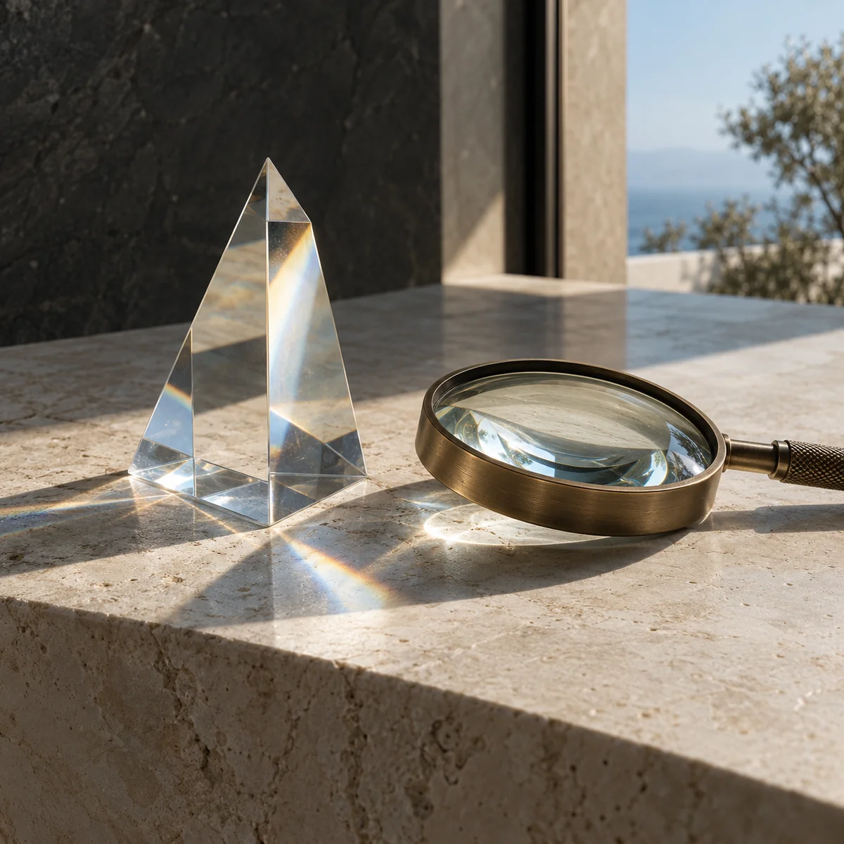 Optical glass prism and bronze magnifying lens on limestone