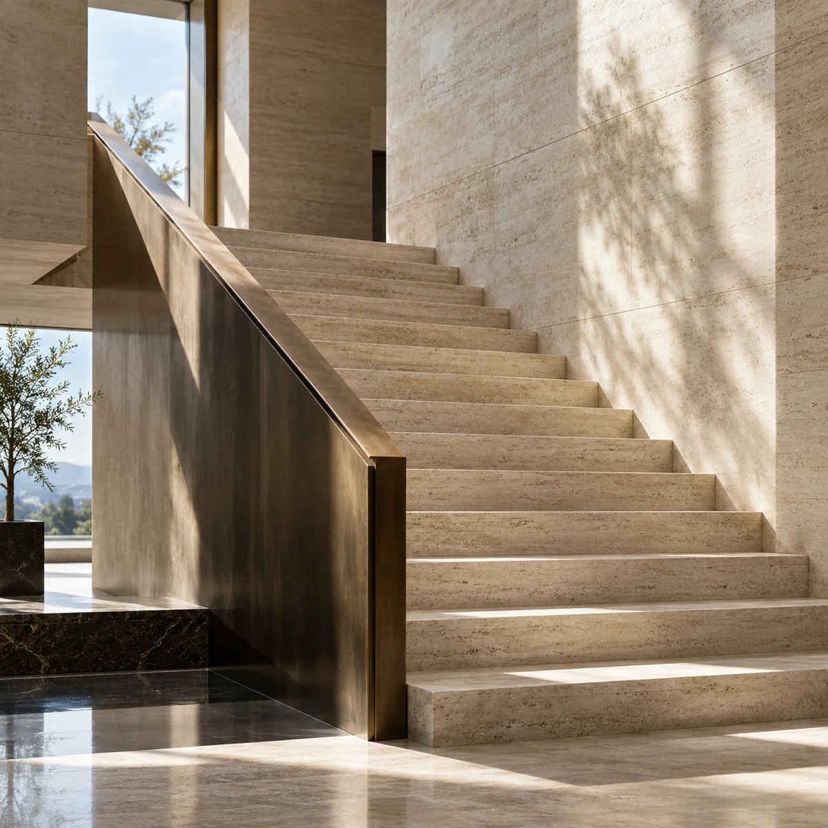Travertine stairway with a bronze handrail in soft natural light